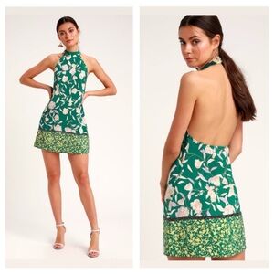 Lulu’s Fleur-Ever and Always Green Floral Print Halter mini Dress backless small